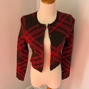 Red & Brown Plaid Ribbed Button-Front Women's Cardigan Jacket